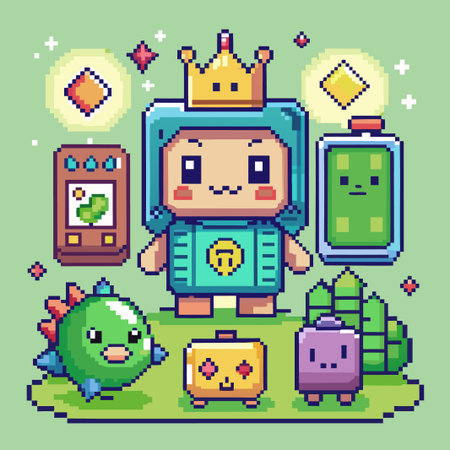Cute Pixel Art Characters with Green Background.のイラスト素材
