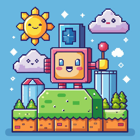 Pixelated cartoon landscape with smiling robot.のイラスト素材