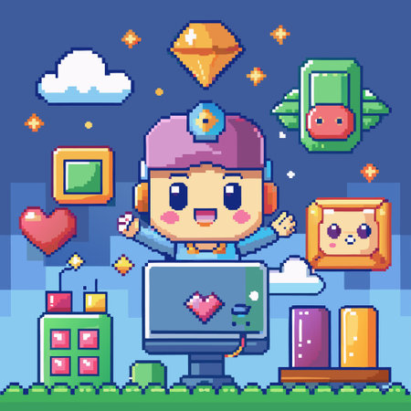 Pixelated cartoon of a boy playing video games with a computer and other pixelated objects around him.のイラスト素材