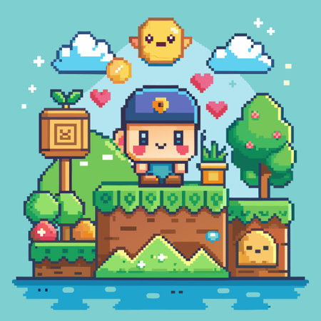 Pixelated character with a blue hat standing on a platform with a tree and a pot plant, against a blue background with clouds.のイラスト素材