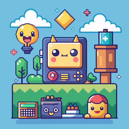 Pixelated character with a gaming console in a landscape.のイラスト素材