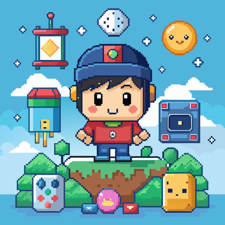 Cute pixelated boy standing on a platform with a blue sky and green trees.のイラスト素材