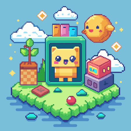 Pixelated landscape with cute cartoon characters, a plant, and a house.のイラスト素材