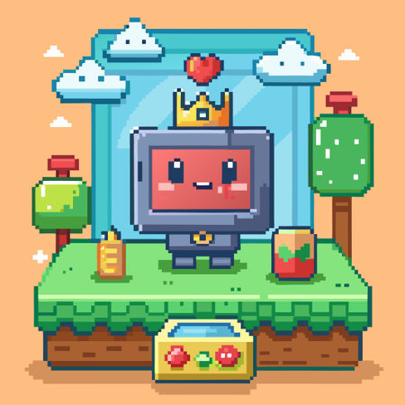 Pixelated Character Wearing Crown with Red Heart, Standing on Green Grass.のイラスト素材