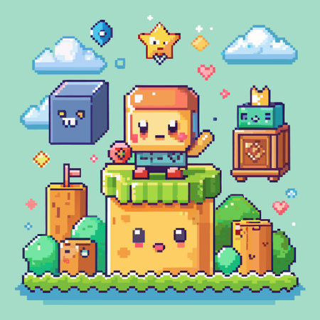 Pixelated character with star and hearts in a video game scene.のイラスト素材