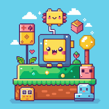 Pixelated cute characters in a game world setting.のイラスト素材