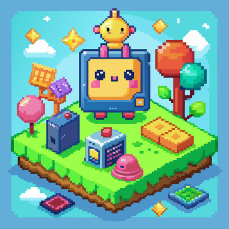 Cute Pixelated Landscape with a Cartoon TV Character.のイラスト素材