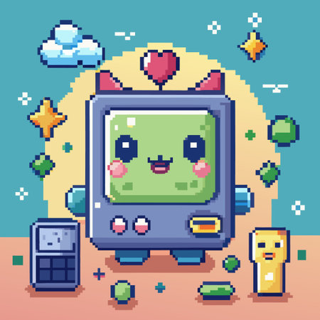Cute pixelated character with a happy face and heart.のイラスト素材