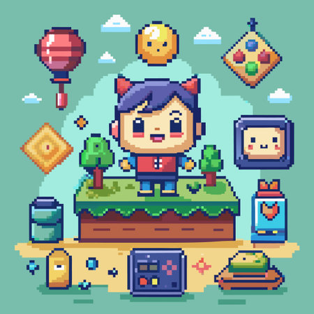 Cute pixel character with red horns standing on a platform with various pixelated objects.のイラスト素材