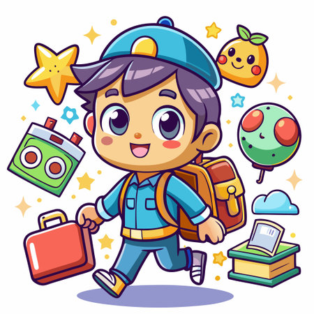 Cute cartoon boy running with a backpack and briefcase.のイラスト素材