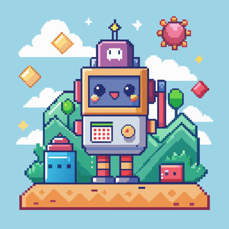Pixel art robot with a friendly face standing on a grassy hill.のイラスト素材