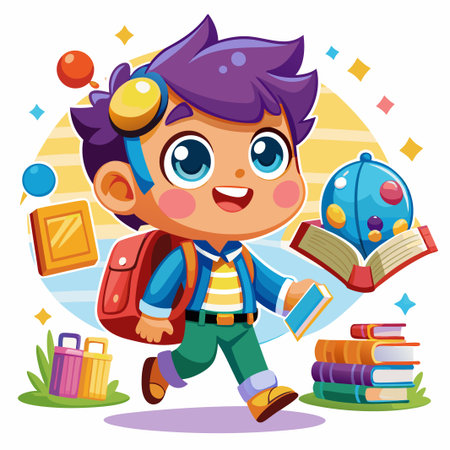 Happy cartoon boy with backpack and books going to school.のイラスト素材