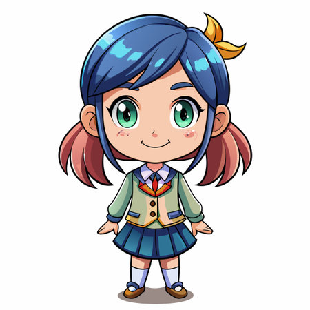 Cute  girl with blue hair and green eyes wearing a school uniform.