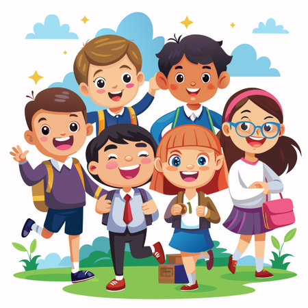 Happy school kids standing together outdoors with backpacks.のイラスト素材