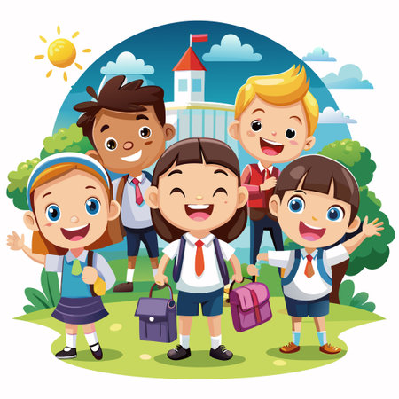 Happy school children standing in front of their school building.のイラスト素材