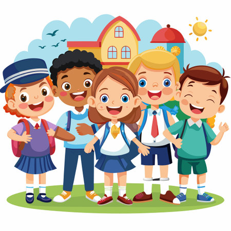 Happy school kids with backpacks standing in front of school building with sun in the background.のイラスト素材