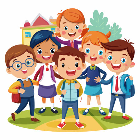 Happy school kids standing together in front of a school building.のイラスト素材