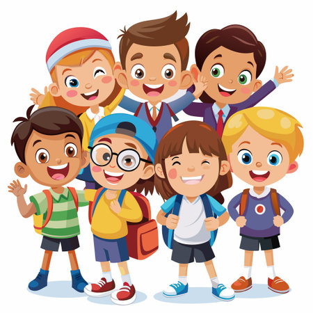 Group of diverse kids smiling and waving.のイラスト素材