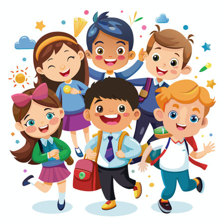 Five happy kids with backpacks and cheerful faces, ready for school, surrounded by stars, a sun and a cloud, on a white background.のイラスト素材