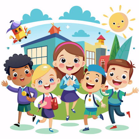 Happy kids in school uniform walking to school together, sunny day.のイラスト素材