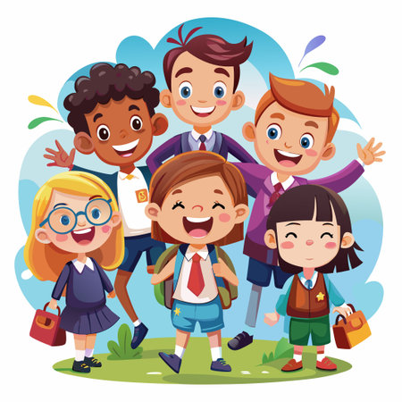 Happy children in school uniforms holding bags and smiling.のイラスト素材