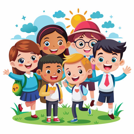 Diverse group of happy school children standing together in a field.のイラスト素材
