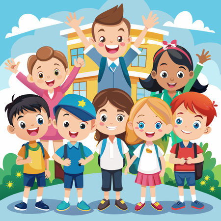 Group of happy students with backpacks in front of school building.のイラスト素材