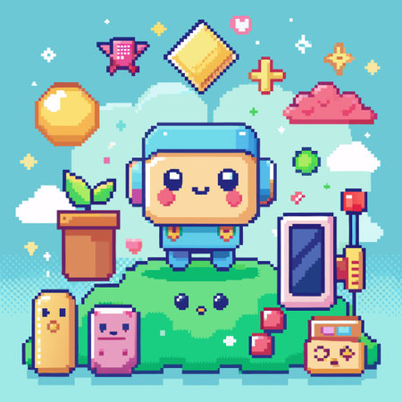 Cute pixel art characters in a blue sky landscape.のイラスト素材