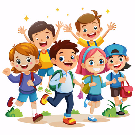 Happy kids with backpacks walking together.のイラスト素材