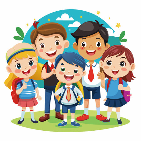 Happy school kids with backpacks standing together.のイラスト素材