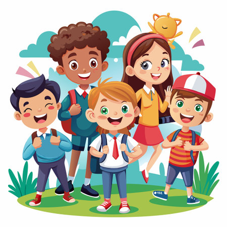 Four happy kids with backpacks standing on green grass.のイラスト素材