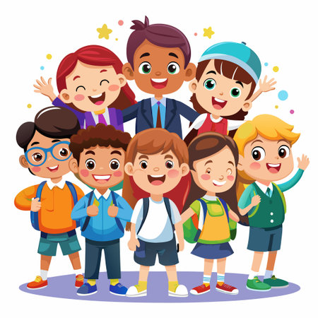 Happy smiling diverse group of children with backpacks standing together.のイラスト素材
