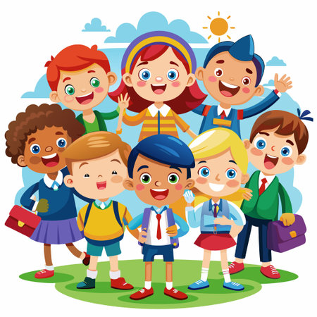 Group of diverse school children standing together on green grass, smiling.のイラスト素材