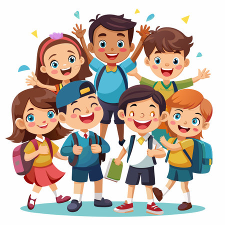 Happy kids in school uniform with backpacks standing together.のイラスト素材
