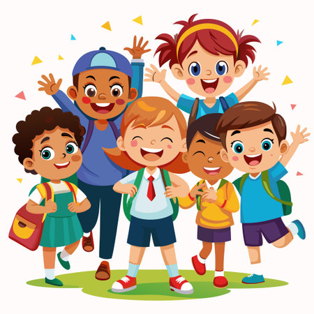 Happy school children with backpacks standing on a green patch.のイラスト素材