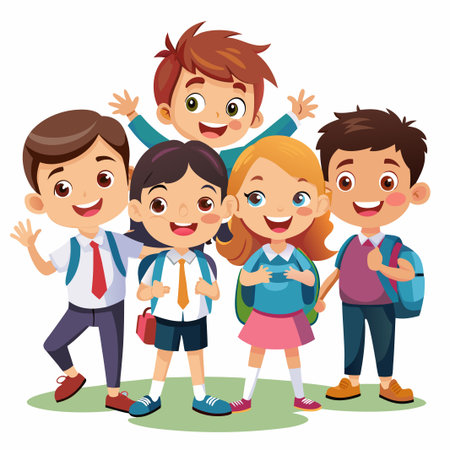 Five happy students in school uniform with backpacks stand on green ground and smile.のイラスト素材