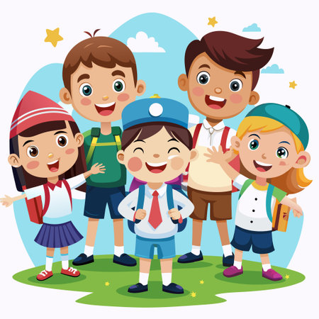 Happy kids in school uniform stand together with backpacks.のイラスト素材
