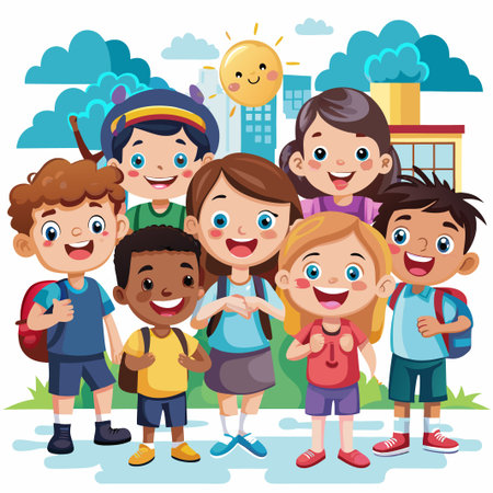 Happy kids with backpacks going to school together.のイラスト素材