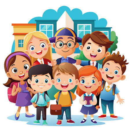 Happy school children standing in front of their school building with backpacks and school supplies.のイラスト素材