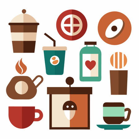 Collection of different coffee and tea cups, teapots and mugs in flat design.のイラスト素材