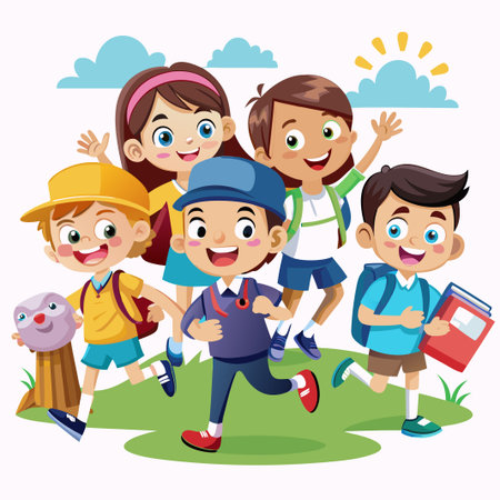 Four happy kids walking together on green grass in sunny weather.のイラスト素材