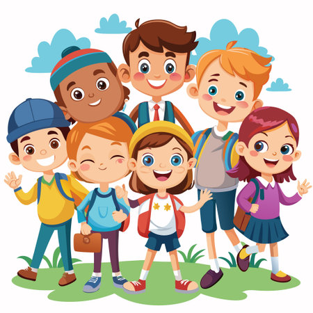 Six smiling children standing together on green grass with backpacks and waving.のイラスト素材