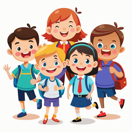 Happy diverse group of school children with backpacks.のイラスト素材