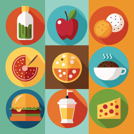 Flat icons of food and drinks on colored circles.のイラスト素材