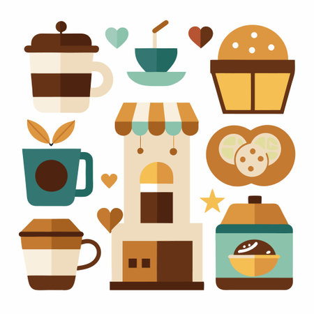 Flat design illustration of a coffee shop with coffee, tea, cookies, and other sweets.のイラスト素材