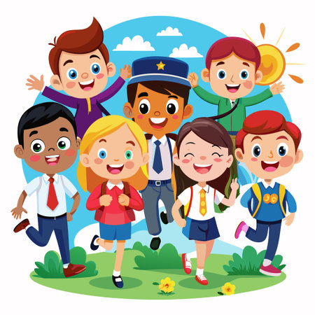 Happy diverse group of school children smiling and jumping together on a green lawn with a blue sky and clouds.のイラスト素材