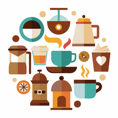Set of coffee icons cups, teapot, coffee maker, french press and espresso machine.のイラスト素材