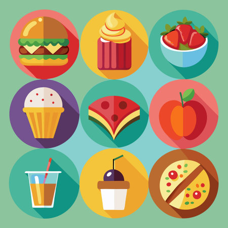 Colorful Icons of Food and Beverages in Flat Design Style.のイラスト素材