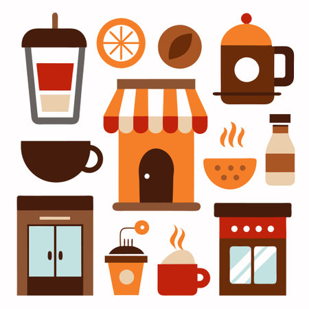 Set of cafe icons, including coffee cups, storefront, and drinks.のイラスト素材