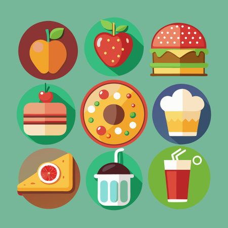 Set of nine flat color icons of different food.のイラスト素材